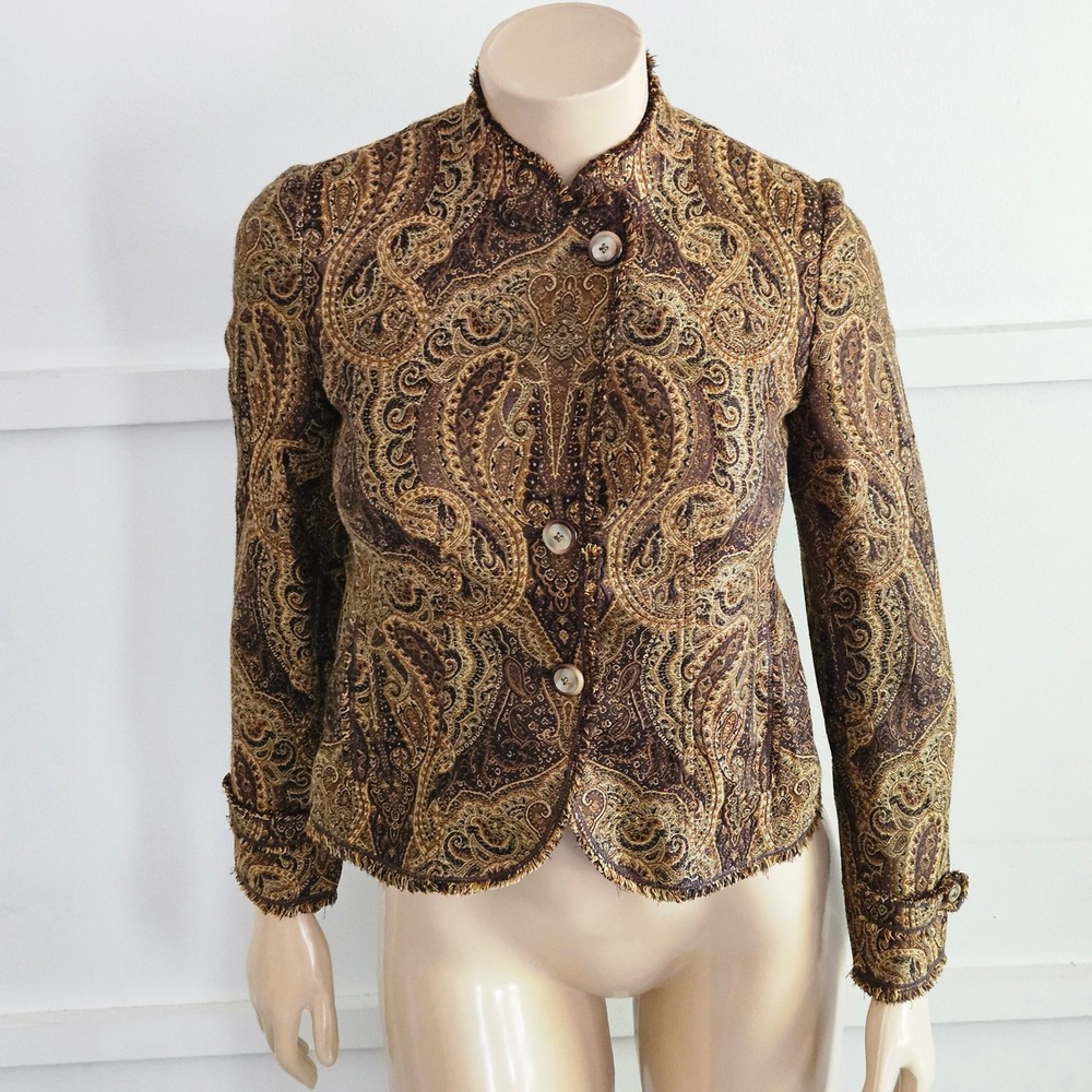 VTG Jones New York Paisley Tapestry Brown Fringe Mandarin Collar Blazer 2P